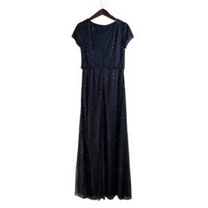 NWT $185 Adrianna Pappel Women's 8 Elegant Beaded Dress Navy Flowy Gown Tiered